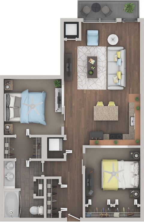 Floor plan for 2 beds, 1 bath, 855 sqft